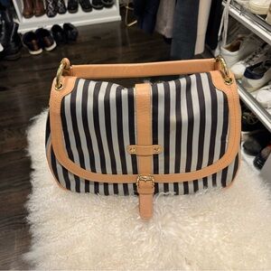 Henri Bendel Striped Canvas Shoulder Bag with Tan Leather Trim